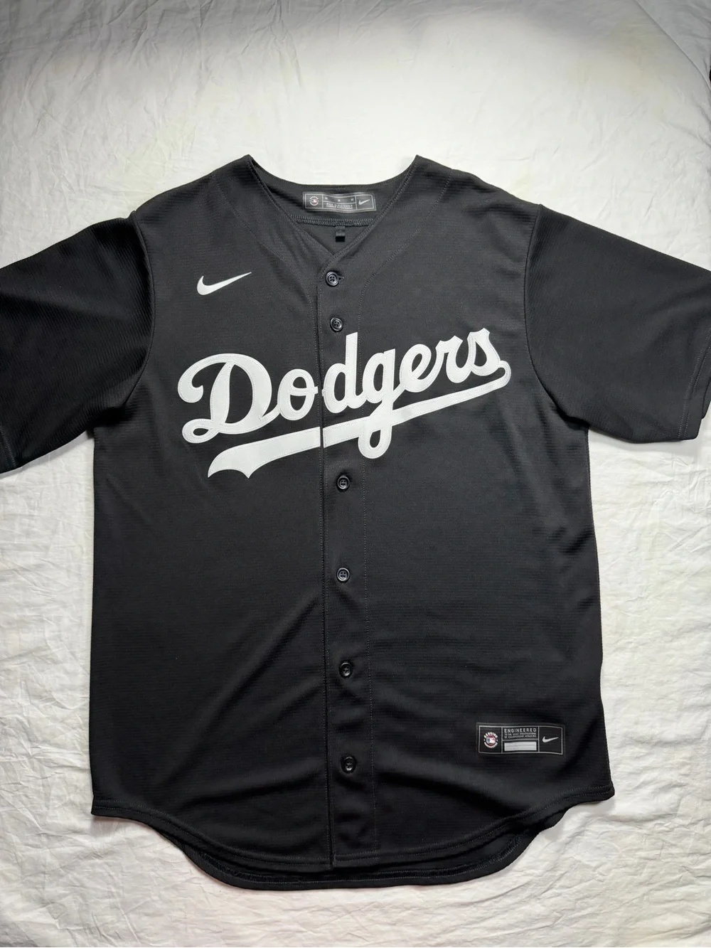 Nike Black Dodgers Button-Front Baseball Jersey with White Script